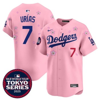 Men's Los Angeles Dodgers #7 Julio Urias Pink Tokyo 2025 Cool Base Stitched Baseball Jersey Men's Los Angeles Dodgers #7 Julio Urias Pink Tokyo 2025 Cool Base Stitched Baseball Jersey