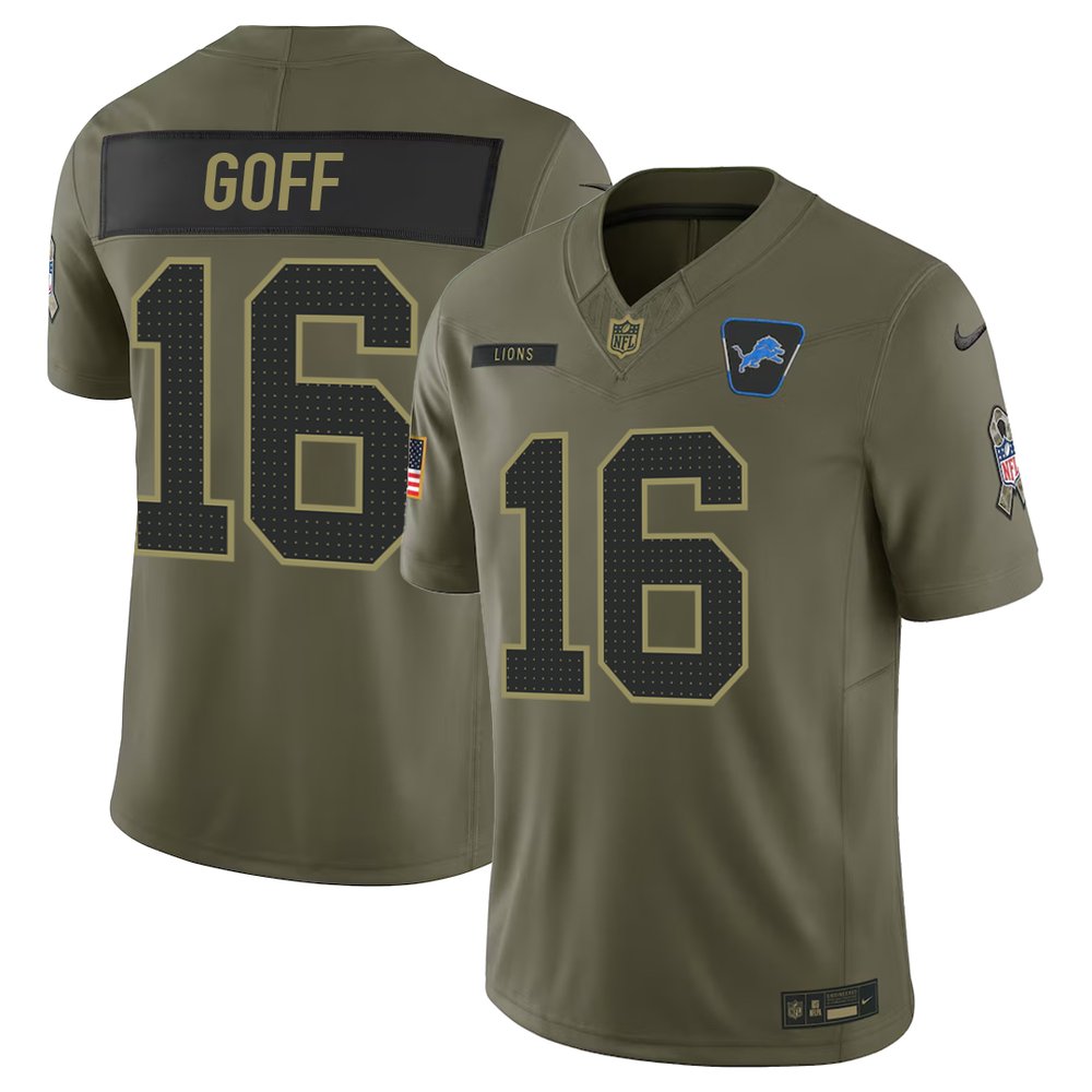 Men's Detroit Lions #16 Jared Goff Nike Olive 2025 Salute to Service Retired Limited Jersey Men's Detroit Lions #16 Jared Goff Nike Olive 2025 Salute to Service Retired Limited Jersey