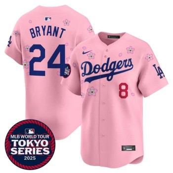 Men's Los Angeles Dodgers #8/24 Kobe Bryant Pink Tokyo 2025 Cool Base Stitched Baseball Jersey Men's Los Angeles Dodgers #8/24 Kobe Bryant Pink Tokyo 2025 Cool Base Stitched Baseball Jersey