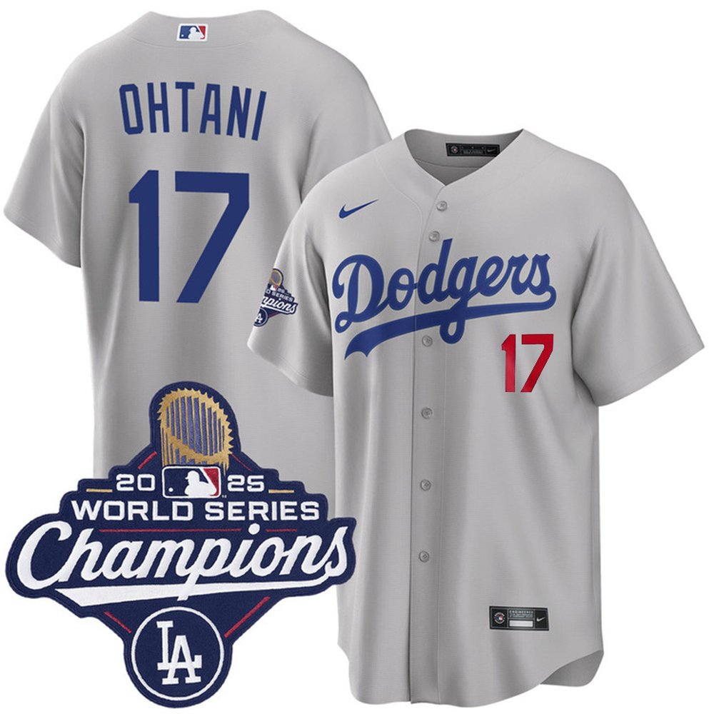 Men's Los Angeles Dodgers #17 Shohei Ohtani Gray 2025 World Series Champions Home Limited Jersey