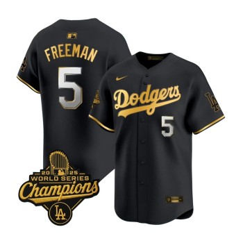 Men's Los Angeles Dodgers #5 Freddie Freeman Black Golden 2025 World Series Champions Home Limited Jersey