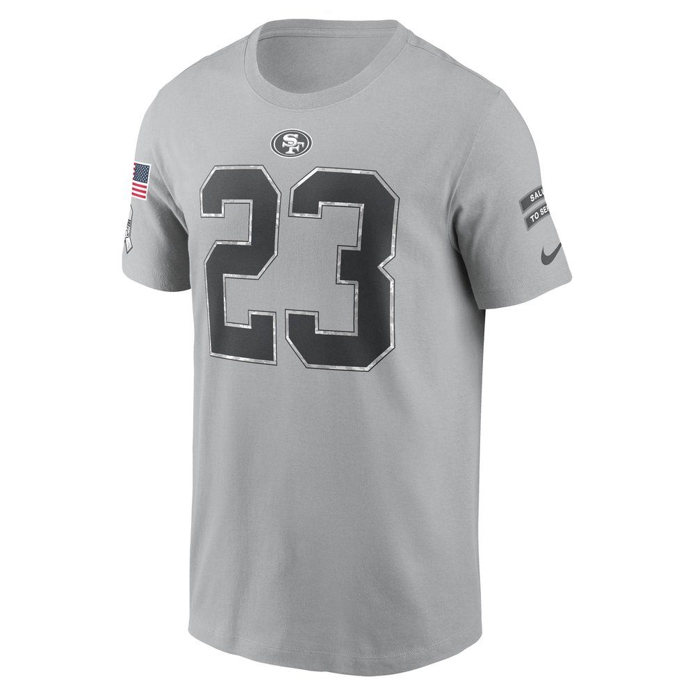Men's San Francisco 49ers Christian McCaffrey Gray 2024 Salute To Service Name & Number T-Shirt