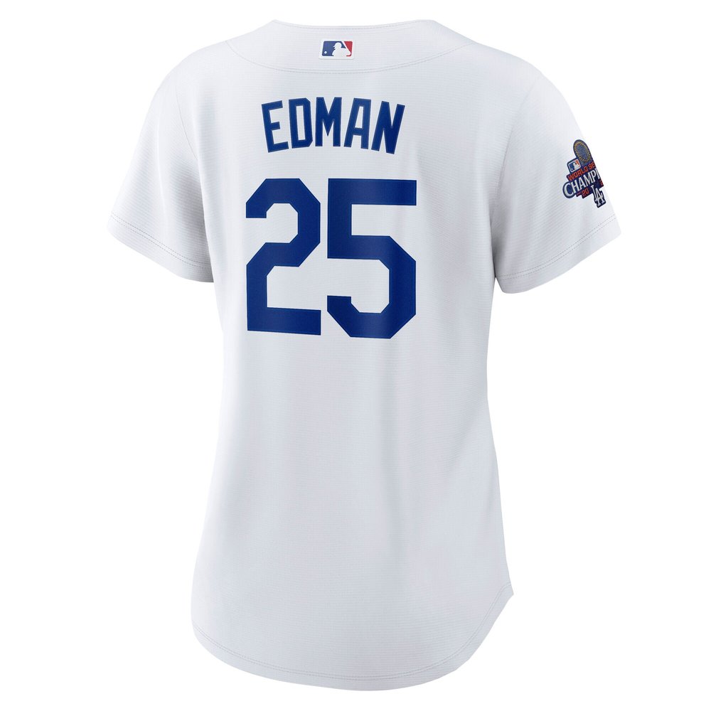 Women's Los Angeles Dodgers #25 Tommy Edman White 2024 World Series Champions Home Replica Player Jersey