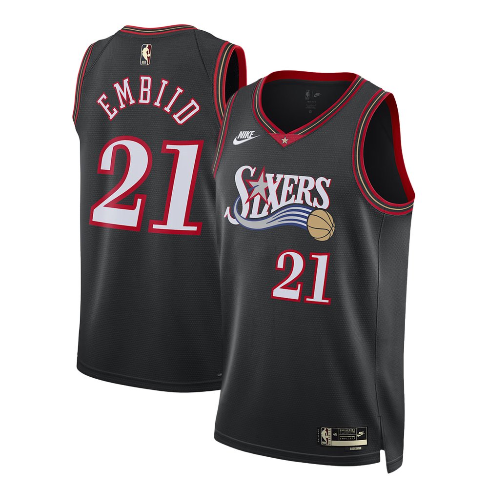 Men's Philadelphia 76ers #21 Joel Embiid Black 2025/26 Hardwood Classics Jersey Men's Philadelphia 76ers #21 Joel Embiid Black 2025/26 Hardwood Classics Jersey