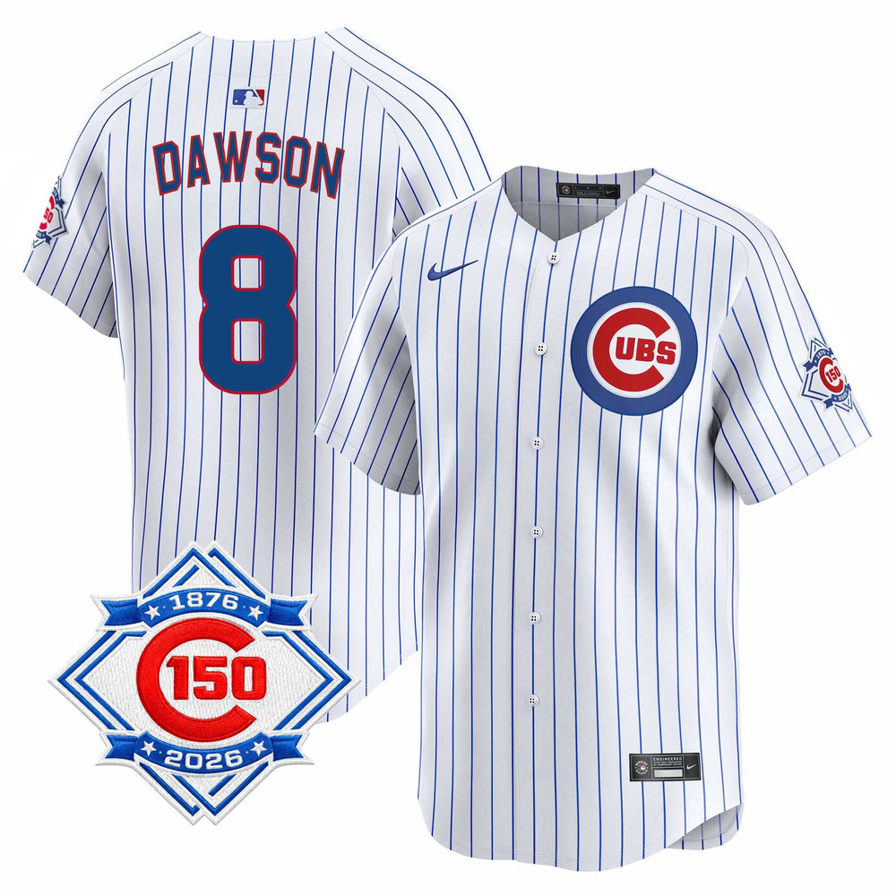Youth Chicago Cubs #8 Andre Dawson White Nike Home Vapor Limited 150th Anniversary Authentic Lettering Jersey