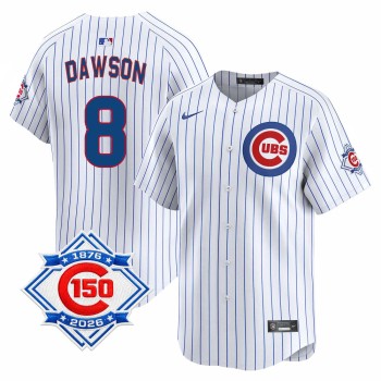 Youth Chicago Cubs #8 Andre Dawson White Nike Home Vapor Limited 150th Anniversary Authentic Lettering Jersey