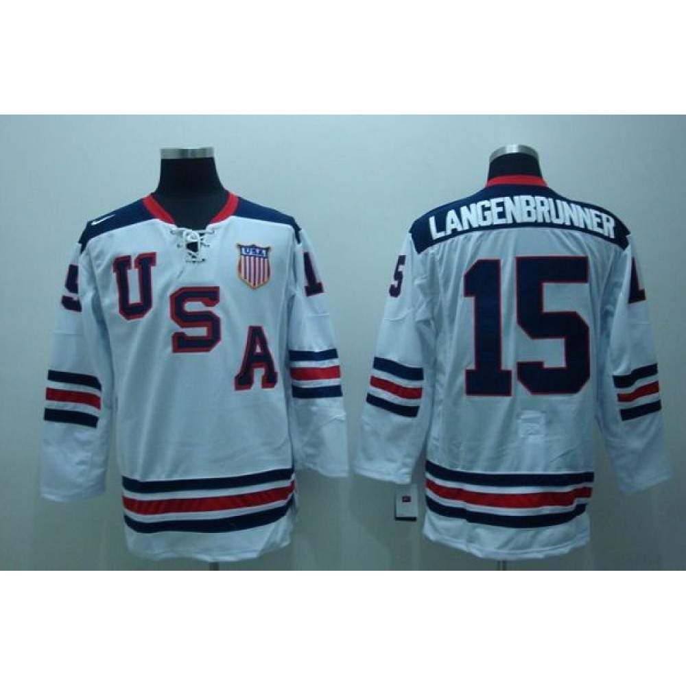 2010 Olympic Team USA #15 Jamie Langenbrunner Stitched White 1960 Throwback NHL Jersey