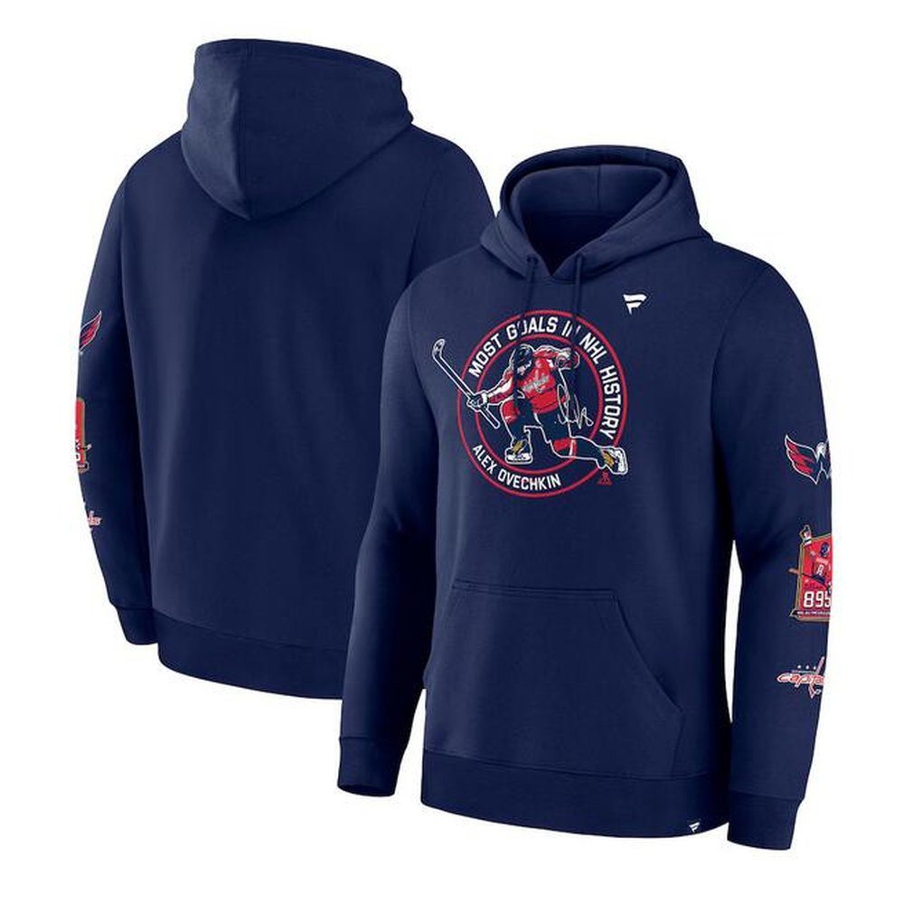 Men's Washington Capitals Navy All-Time Leading Goal Scorer Badges Pullover Hoodie Men's Washington Capitals Navy All-Time Leading Goal Scorer Badges Pullover Hoodie