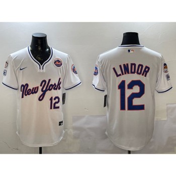Men's New York Mets #12 Francisco Lindor White 2025 Spring Training Stitched Baseball Jersey Men's New York Mets #12 Francisco Lindor White 2025 Spring Training Stitched Baseball Jersey