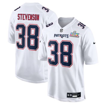 Men's New England Patriots #38 Rhamondre Stevenson White Super Bowl LX Patch Tundra Fashion Game Jersey