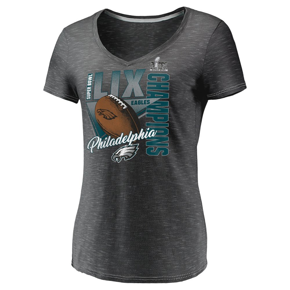 Women's Philadelphia Eagles  Graphite Super Bowl LIX Champions Own the Moment V-Neck T-Shirt Women's Philadelphia Eagles  Graphite Super Bowl LIX Champions Own the Moment V-Neck T-Shirt