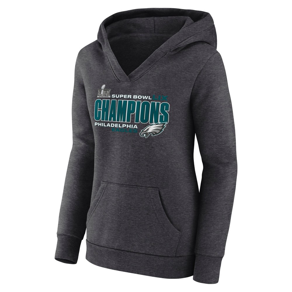 Women's Philadelphia Eagles  Heather Charcoal Super Bowl LIX Champions V-Neck Pullover Hoodie Women's Philadelphia Eagles  Heather Charcoal Super Bowl LIX Champions V-Neck Pullover Hoodie