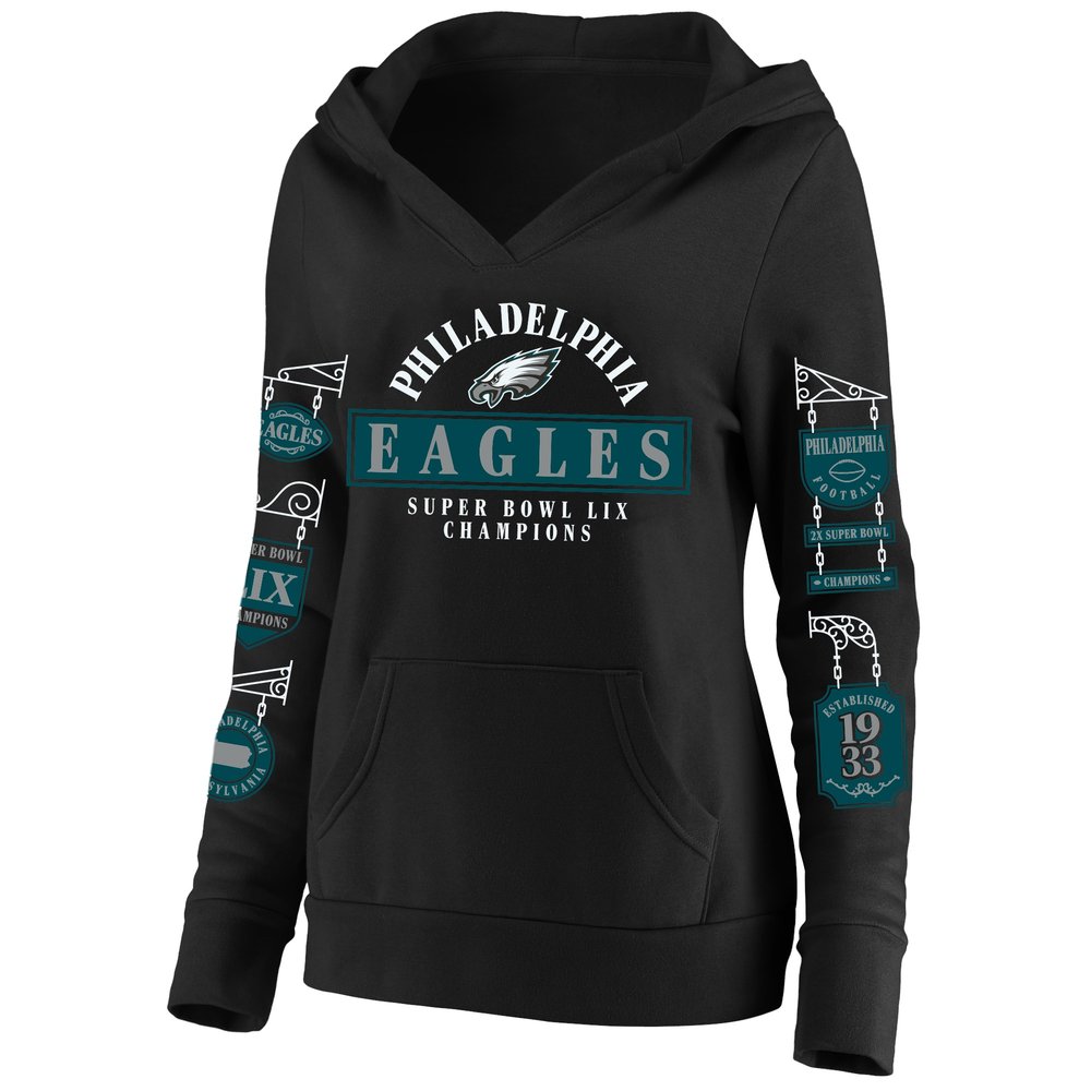 Women's Philadelphia Eagles  Black Super Bowl LIX Champions Plus Size Four Piece Notch Neck Pullover Hoodie Women's Philadelphia Eagles  Black Super Bowl LIX Champions Plus Size Four Piece Notch Neck Pullover Hoodie