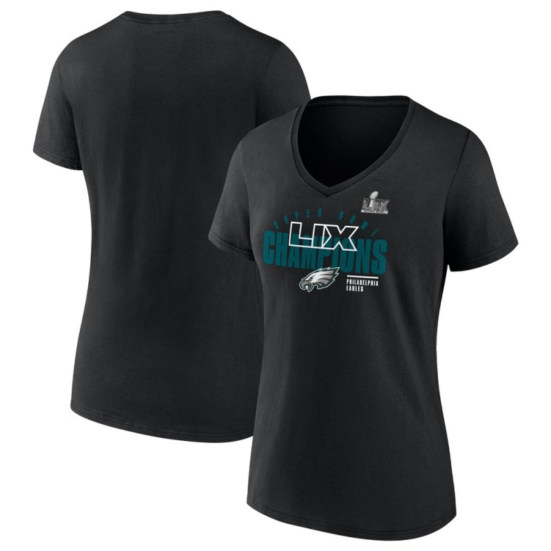 Women's Philadelphia Eagles Black Super Bowl LIX Champions Iconic Victory V-Neck T-Shirt Women's Philadelphia Eagles Black Super Bowl LIX Champions Iconic Victory V-Neck T-Shirt
