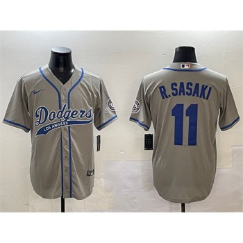 Men's Los Angeles Dodgers #11 Roki Sasaki Grey With Patch Cool Base Stitched Baseball Jersey Men's Los Angeles Dodgers #11 Roki Sasaki Grey With Patch Cool Base Stitched Baseball Jersey