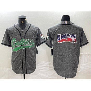 Men's Boston Celtics Gray Team Big Logo With Patch Stitched Baseball Jersey Men's Boston Celtics Gray Team Big Logo With Patch Stitched Baseball Jersey