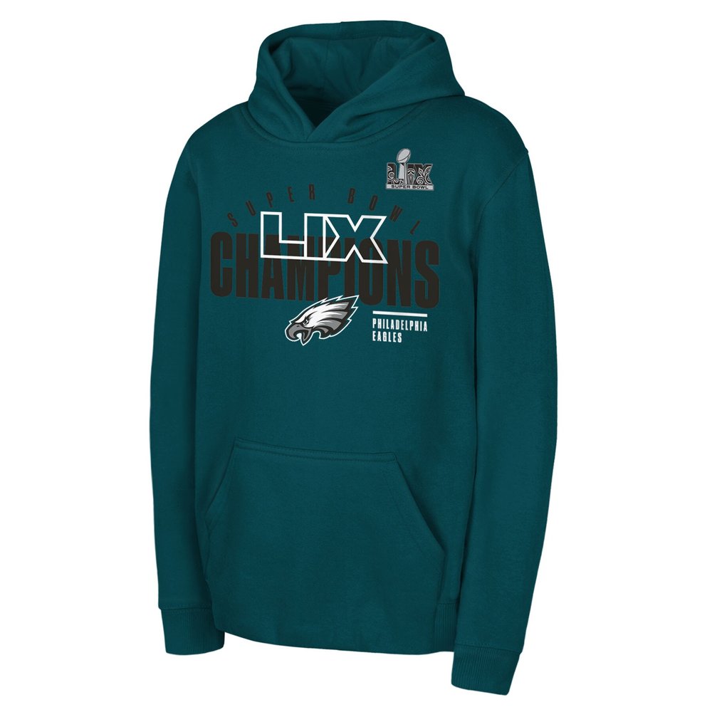 Youth Philadelphia Eagles  Midnight Green Super Bowl LIX Champions Iconic Victory Pullover Hoodie Youth Philadelphia Eagles  Midnight Green Super Bowl LIX Champions Iconic Victory Pullover Hoodie