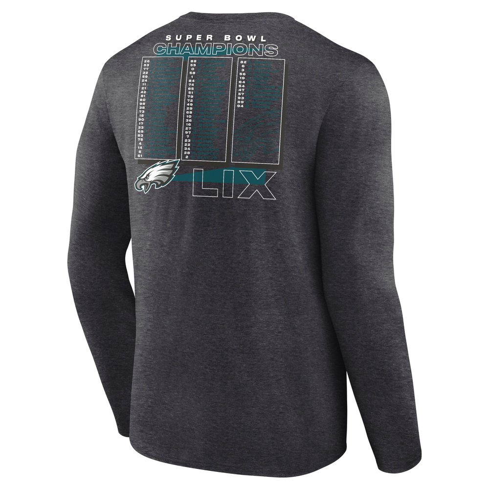 Men's Philadelphia Eagles Heather Charcoal Super Bowl LIX Champions Roster Long Sleeve T-Shirt Men's Philadelphia Eagles Heather Charcoal Super Bowl LIX Champions Roster Long Sleeve T-Shirt