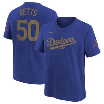 Youth Los Angeles Dodgers #50 Mookie Betts Royal 2025 Gold Collection Name & Number T-Shirt Youth Los Angeles Dodgers #50 Mookie Betts Royal 2025 Gold Collection Name & Number T-Shirt