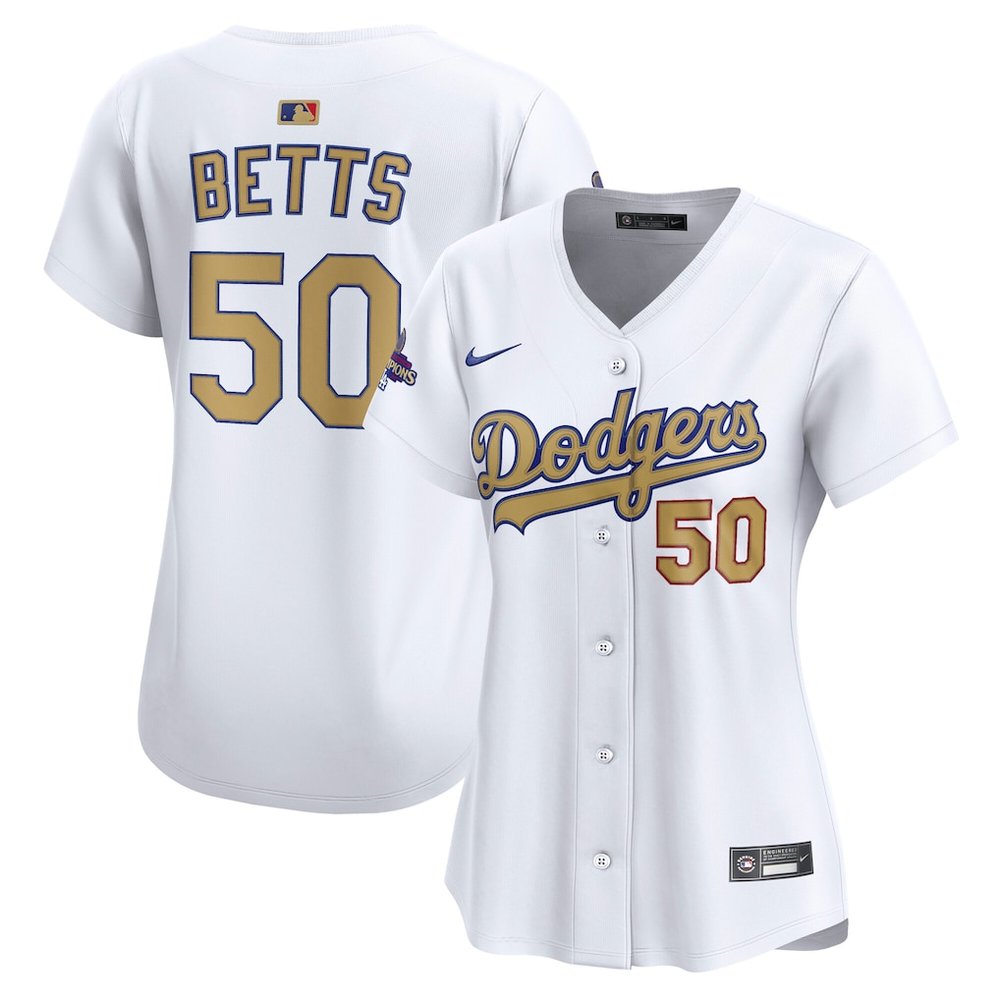 Women's Los Angeles Dodgers #50 Mookie Betts White 2025 Gold Collection Limited Jersey