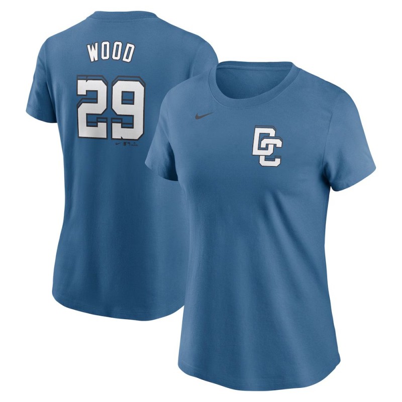 Women's Washington Nationals #29 James Wood Nike Blue 2025 City Connect Fuse Name & Number 2.0 T-Shirt Women's Washington Nationals #29 James Wood Nike Blue 2025 City Connect Fuse Name & Number 2.0 T-Shirt