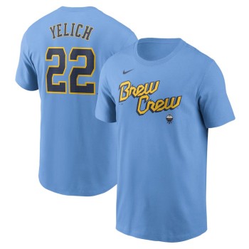 Men's Milwaukee Brewers #22 Christian Yelich Nike Powder Blue City Connect Fuse Name & Number T-Shirt Men's Milwaukee Brewers #22 Christian Yelich Nike Powder Blue City Connect Fuse Name & Number T-Shirt