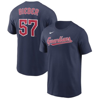 Men's Cleveland Guardians #57 Shane Bieber Nike Navy Name & Number T-Shirt Men's Cleveland Guardians #57 Shane Bieber Nike Navy Name & Number T-Shirt