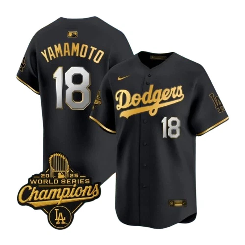 Men's Los Angeles Dodgers #18 Yoshinobu Yamamoto Black Golden 2025 World Series Champions Home Limited Jersey