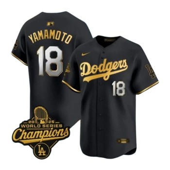 Men's Los Angeles Dodgers #18 Yoshinobu Yamamoto Black Golden 2025 World Series Champions Home Limited Jersey