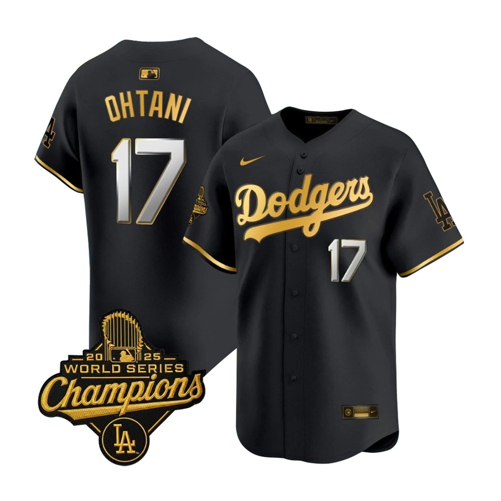 Men's Los Angeles Dodgers #17 Shohei Ohtani Black Golden 2025 World Series Champions Home Limited Jersey