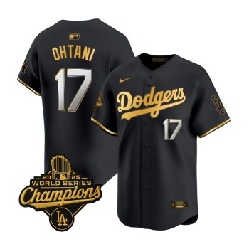 Men's Los Angeles Dodgers #17 Shohei Ohtani Black Golden 2025 World Series Champions Home Limited Jersey