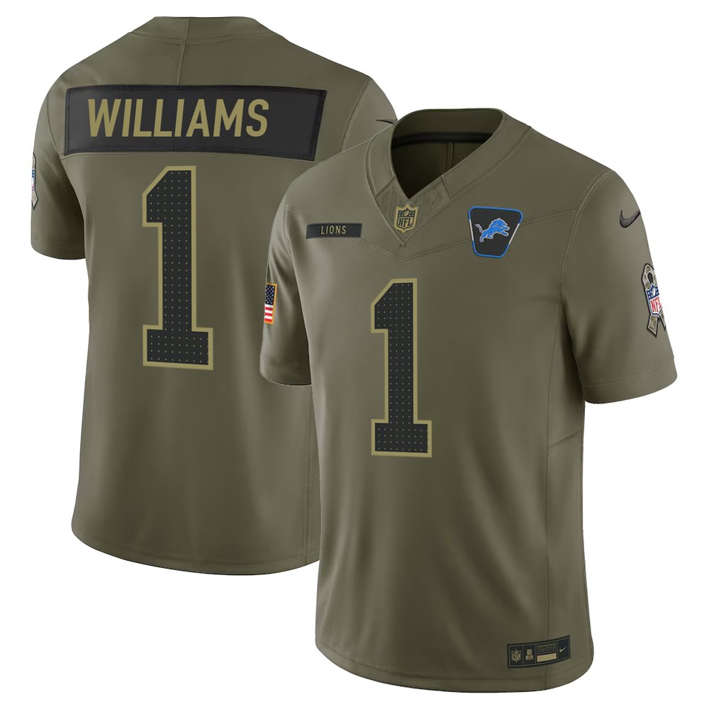 Men's Detroit Lions #1 Jameson Williams Nike Olive 2025 Salute to Service Retired Limited Jersey Men's Detroit Lions #1 Jameson Williams Nike Olive 2025 Salute to Service Retired Limited Jersey