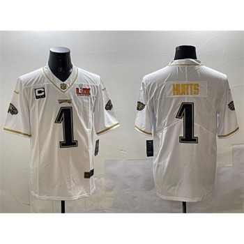 Men's Philadelphia Eagles #1 Jalen Hurts White/Gold 2025 Super Bowl LIX Patch And 3-star C Patch Salute To Service Vapor Untouchable Limited Stitched Football Jersey Men's Philadelphia Eagles #1 Jalen Hurts White/Gold 2025 Super Bowl LIX Patch And 3-star C Patch Salute To Service Vapor Untouchable Limited Stitched Football Jersey