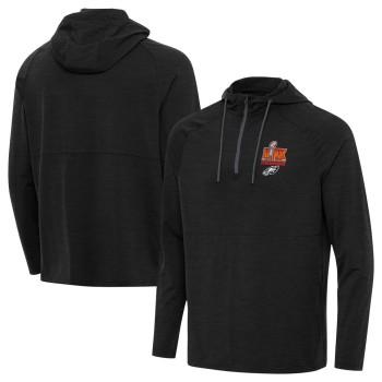 Men's Philadelphia Eagles Antigua Heather Black Super Bowl LIX Champions Spikes Quarter-Zip Hoodie Men's Philadelphia Eagles Antigua Heather Black Super Bowl LIX Champions Spikes Quarter-Zip Hoodie