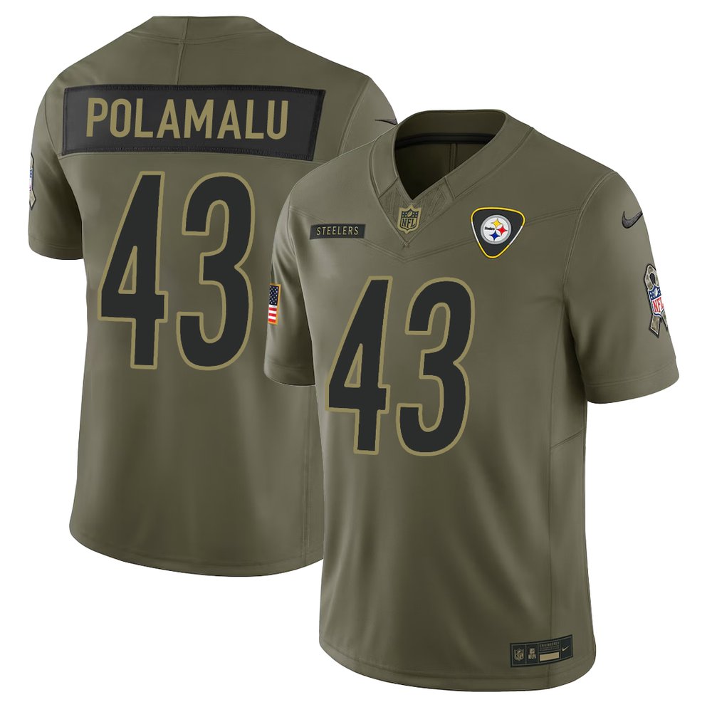 Men's Pittsburgh Steelers #43 Troy Polamalu Nike Olive 2025 Salute to Service Retired Limited Jersey Men's Pittsburgh Steelers #43 Troy Polamalu Nike Olive 2025 Salute to Service Retired Limited Jersey