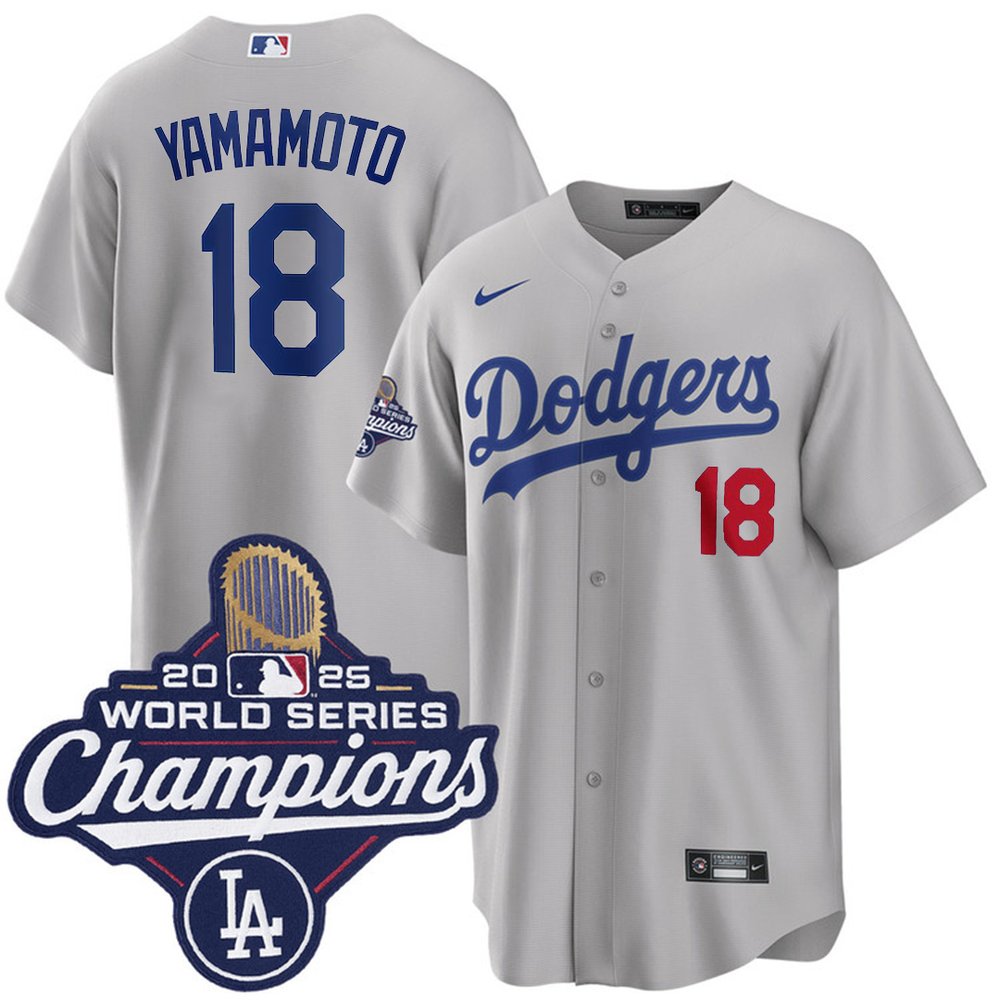 Men's Los Angeles Dodgers #18 Yoshinobu Yamamoto Gray 2025 World Series Champions Home Limited Jersey