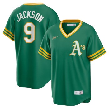 Men's Oakland Athletics #9 Reggie Jackson Kelly Green Road Cooperstown Collection Player Jersey Men's Oakland Athletics #9 Reggie Jackson Kelly Green Road Cooperstown Collection Player Jersey