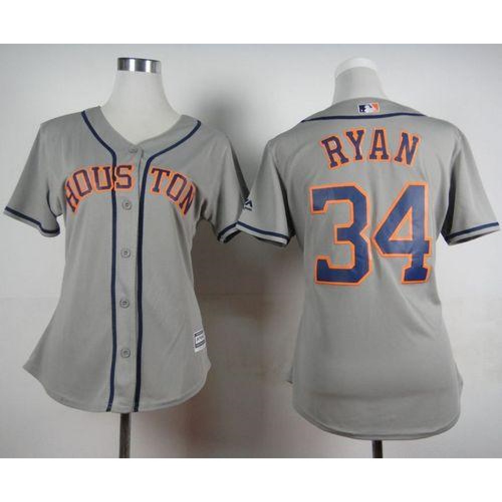 Astros #34 Nolan Ryan Grey Road Women's Stitched MLB Jersey
