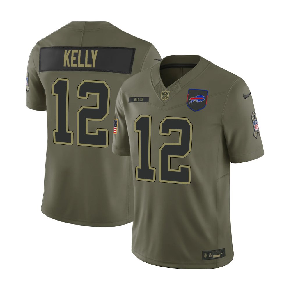 Men's Buffalo Bills #12 Jim Kelly Nike Olive 2025 Salute to Service Retired Limited Jersey Men's Buffalo Bills #12 Jim Kelly Nike Olive 2025 Salute to Service Retired Limited Jersey