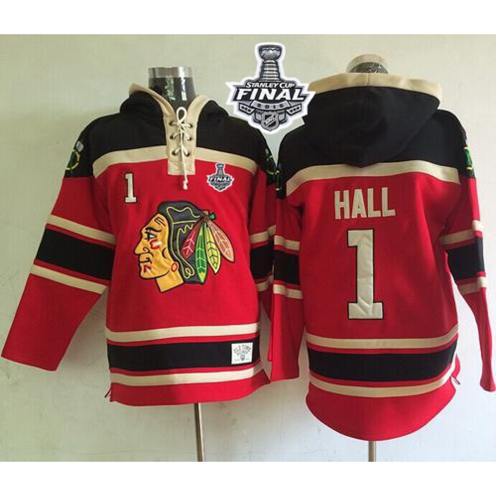 Blackhawks #1 Glenn Hall Red Sawyer Hooded Sweatshirt 2015 Stanley Cup Stitched NHL Jersey