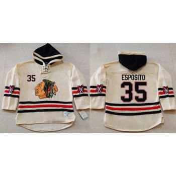 Blackhawks #35 Tony Esposito Cream Heavyweight Pullover Hoodie Stitched NHL Jersey Blackhawks #35 Tony Esposito Cream Heavyweight Pullover Hoodie Stitched NHL Jersey