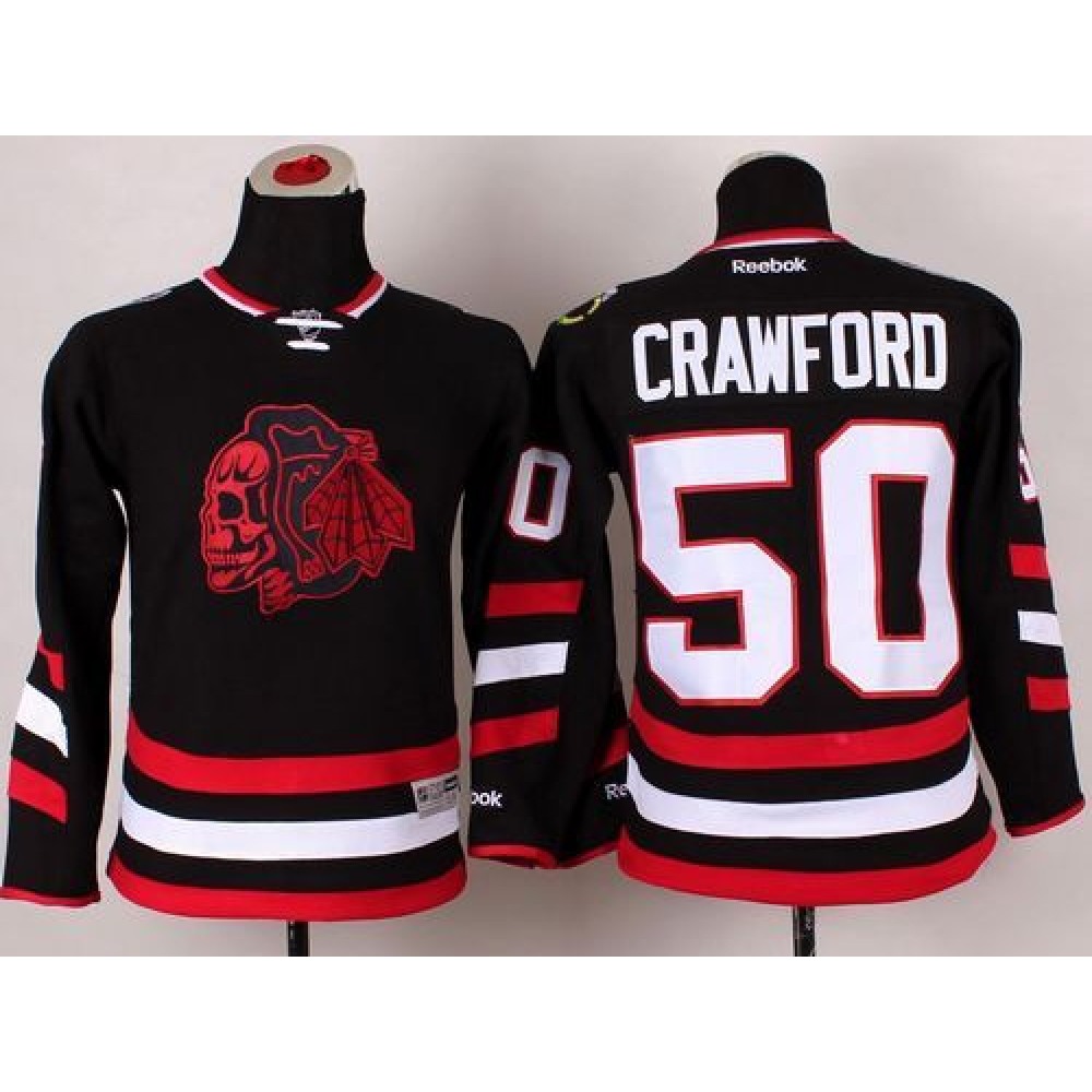 Blackhawks #50 Corey Crawford Black(Red Skull) 2014 Stadium Series Stitched Youth NHL Jersey