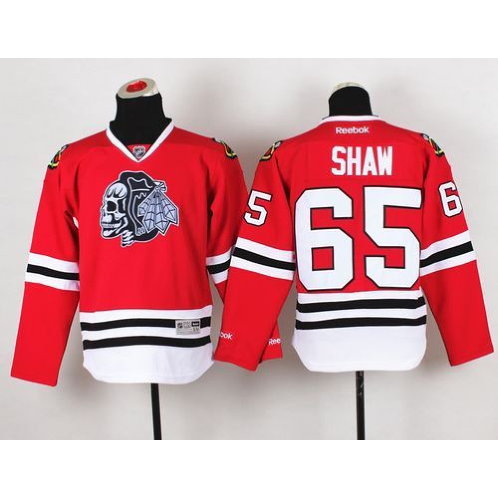 Blackhawks #65 Andrew Shaw Red(White Skull) Stitched Youth NHL Jersey