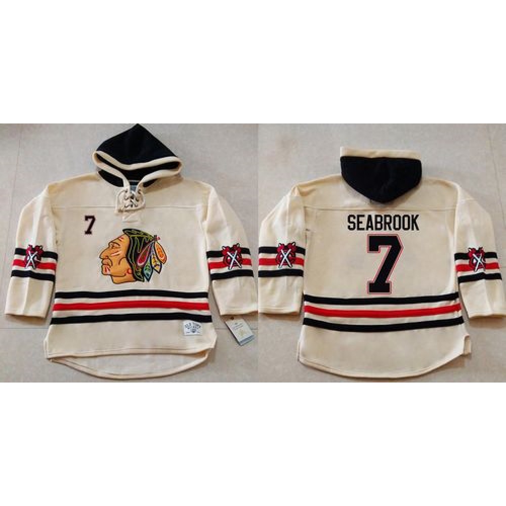 Blackhawks #7 Brent Seabrook Cream Heavyweight Pullover Hoodie Stitched NHL Jersey