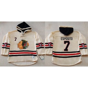 Blackhawks #7 Tony Esposito Cream Heavyweight Pullover Hoodie Stitched NHL Jersey Blackhawks #7 Tony Esposito Cream Heavyweight Pullover Hoodie Stitched NHL Jersey