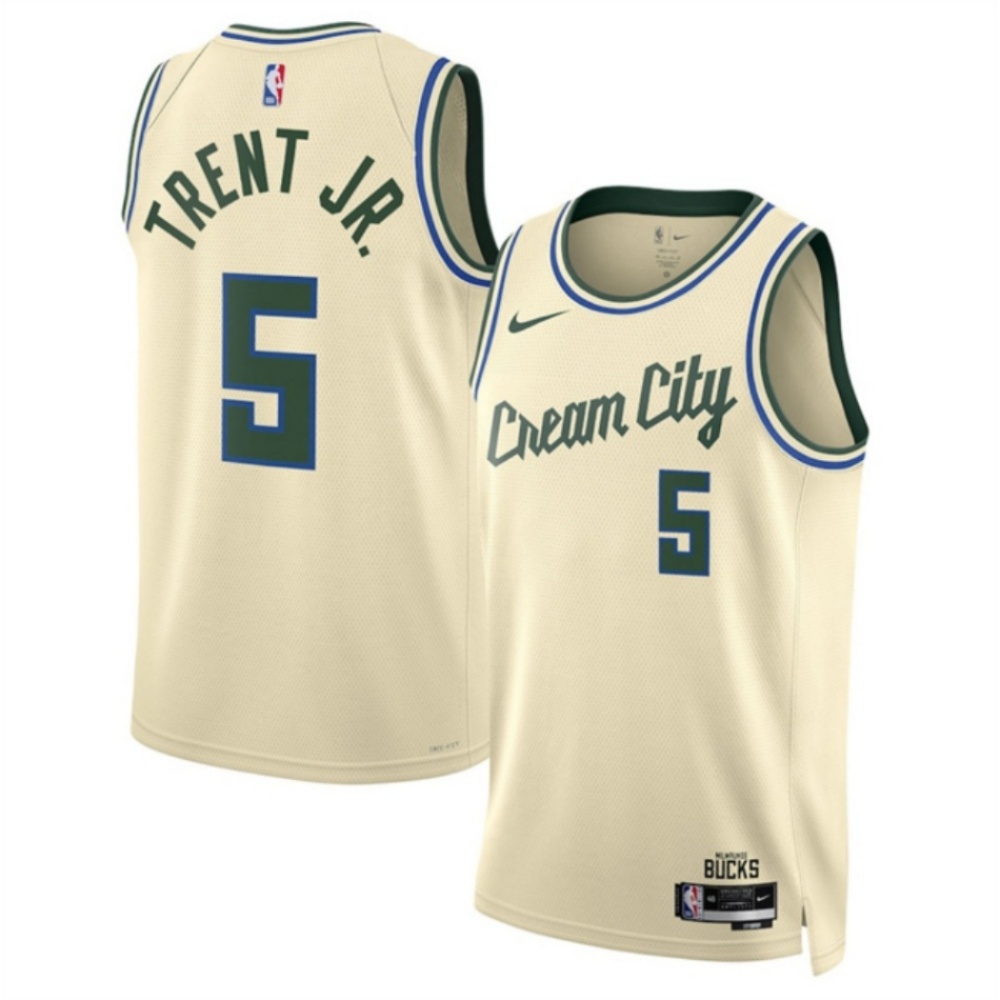 Men's Milwaukee Bucks #5 Gary Trent Jr. Cream 2025/26 City Edition Stitched Basketball Jersey