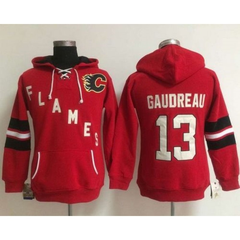 Calgary Flames #13 Johnny Gaudreau Red Women's Old Time Heidi NHL Hoodie Calgary Flames #13 Johnny Gaudreau Red Women's Old Time Heidi NHL Hoodie
