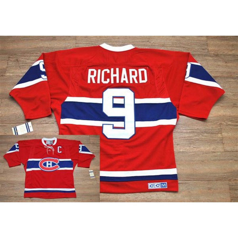 Canadiens #9 Henri Richard Stitched Red CH CCM Throwback NHL Jersey