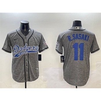 Men's Los Angeles Dodgers #11 Roki Sasaki Grey With Patch Cool Base Stitched Baseball Jersey Men's Los Angeles Dodgers #11 Roki Sasaki Grey With Patch Cool Base Stitched Baseball Jersey