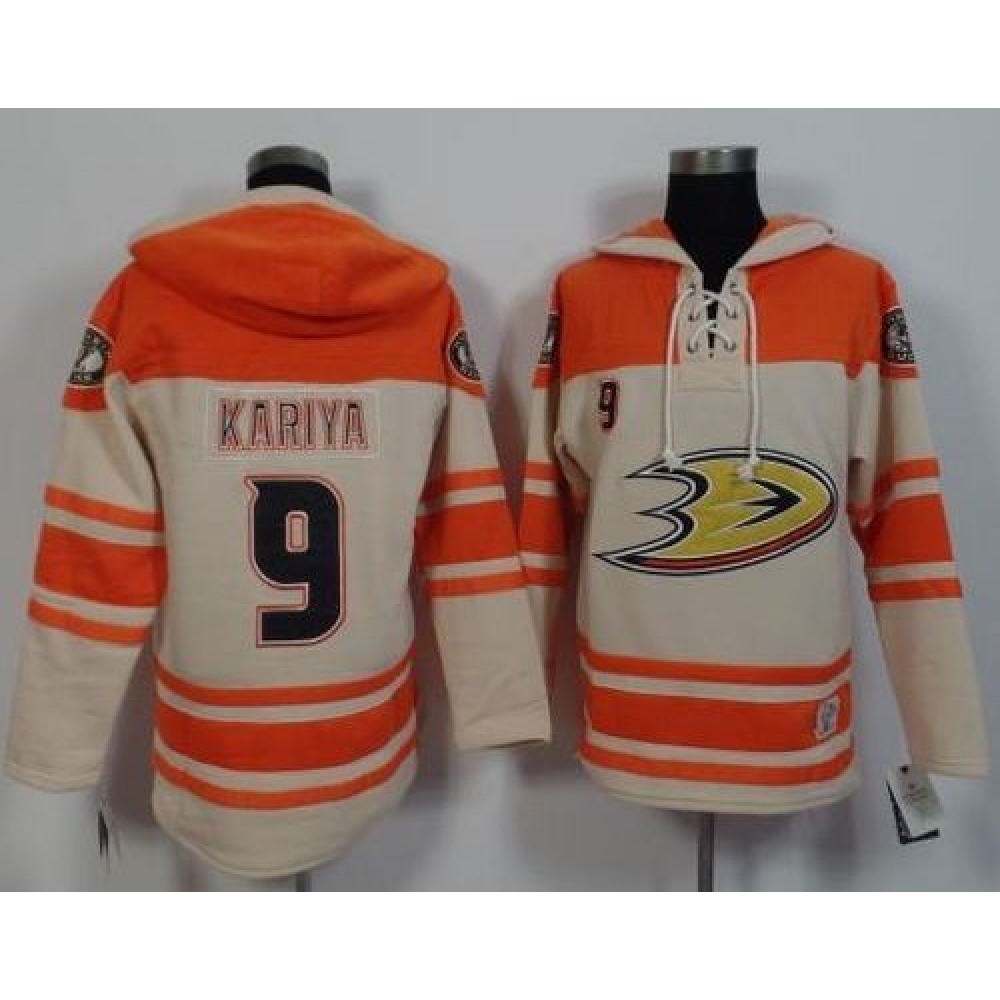 Ducks #9 Paul Kariya Cream/Orange Sawyer Hooded Sweatshirt Stitched NHL Jersey